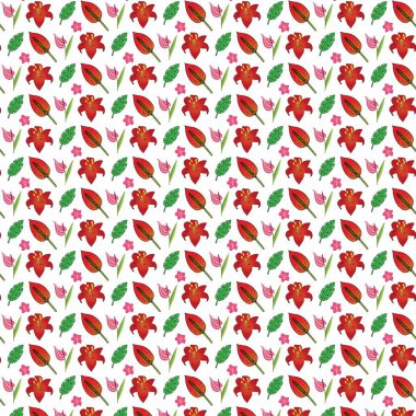 Kırmızı zambakları ve yeşil yapraklı pembe çiçekleri içeren saydam arkaplanda tekrar eden tasarım