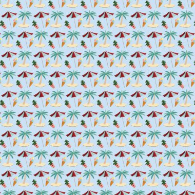 Palmiye ağaçlarının tekrarlanan tasarımı plaj şemsiyeleri ve mavi arka planda izole edilmiş dondurmalar