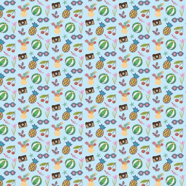 Açık mavi arkaplanda izole edilmiş tatil temalı simgelerin tekrarlanan deseni