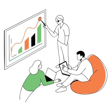 Ekranda bir grafik ve şeffaf arkaplanda izole edilmiş bir dizüstü bilgisayarla bir toplantıda üç kişi.