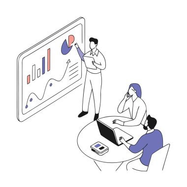 Üç kişi bir dizüstü bilgisayarda çalışıyor ve şeffaf arkaplanda izole edilmiş büyük bir ekranda grafiğe bakıyor.