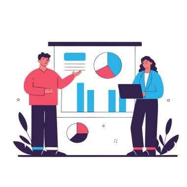 Beyaz zemin üzerinde grafikler ve çizelgeler olan büyük bir ekranın yanında duran iki kişi