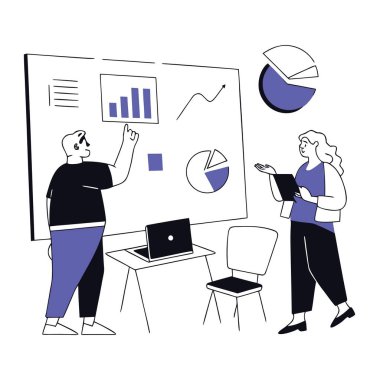 Saydam arkaplanda çizelgeler ve grafiklerle beyaz tahtanın önünde duran iki kişi.