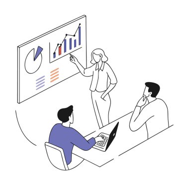 İş adamları şeffaf arkaplanda izole edilmiş bir toplantıda sunum tahtasında verileri analiz ediyorlar