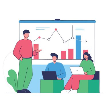 Dizüstü bilgisayarlar ve ekranda sunum ile birlikte çalışan üç kişi beyaz arkaplanda izole edildi