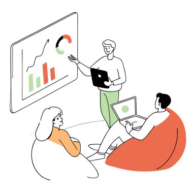 Büyük bir grafiği olan bir projede çalışan üç kişi bir ayakta duruyor ve iki kişi şeffaf arkaplanda izole bir şekilde oturuyor.