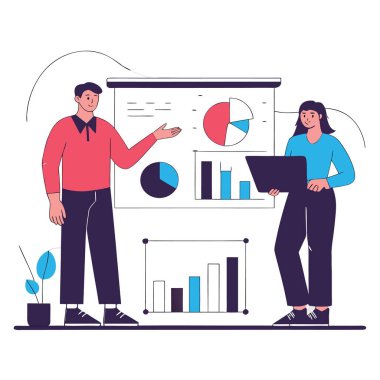 Two business people standing in front of a presentation screen with charts and graphs isolated on white background