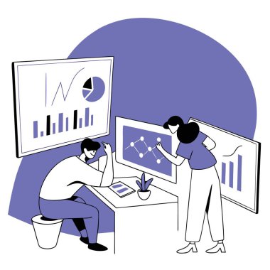 Bilgisayar ve çizelgelerle bir masada çalışan iki kişi.