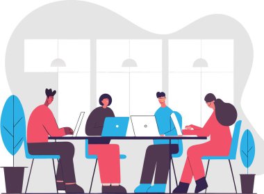 Ofiste dizüstü bilgisayarlarla çalışan dört kişi.