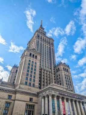 Warsaw, Poland, May 01, 2025. Palace of culture and science stalinist skyscraper tower against blue sky in Warsaw Poland cityscape. High quality photograph.
