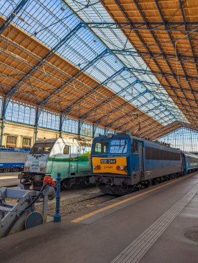 Budapeşte, Macaristan, 1 Mayıs 2025. Macaristan 'daki dekoratif kemerli cam tepe örtüsünün altındaki Budapeşte tren istasyonunda modern trenler. Yüksek kalite fotoğraf.