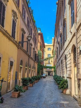 Roma, İtalya, Mayıs 01, 2025. Güneşli bir günde İtalya 'nın tarihi Roma Mahallesi' nde renkli mermer binalar ve yeşil bitkilerle kaplı büyüleyici dar bir kaldırım taşı caddesi. Yüksek kalite fotoğraf
