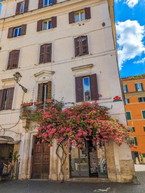 Roma, İtalya, Mayıs 01, 2025. İtalya 'nın tarihi Roma semtindeki balkonlardan çağlayan çiçekli bougainvillea bitkileriyle dolu renkli bir bina cephesi. Yüksek kalite fotoğraf.