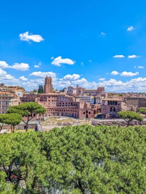 Roma, İtalya, Mayıs 01, 2025. İtalya 'nın mavi gökyüzünün altında antik binalar, kubbeler ve yemyeşil çam ağaçlarıyla tarihi Roma şehri manzarası. Yüksek kalite fotoğraf.