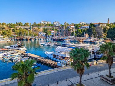 Antalya, Türkiye, 1 Mayıs 2025. Antalya 'da güneşli gökyüzü Türkiye' nin altında demirlemiş lüks yatlara bakan palmiye ağaçlarıyla dolu bir liman. Yüksek kalite fotoğraf