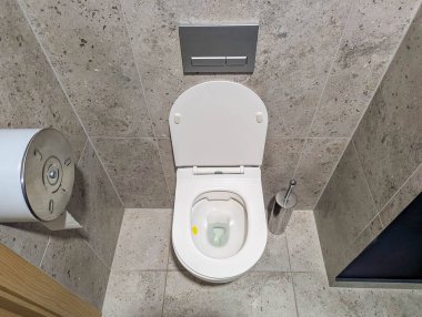 Çağdaş banyoda gri taş duvarlı ve ahşap aksanlı açık kapaklı beyaz seramik klozet. Yüksek kalite fotoğraf.