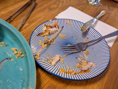 Boş çizgili mavi ve beyaz tabak dağınık yiyecek kırıntıları ve restoran yemeğinden sonra turkuaz yüzeyde kullanılmış çatal bıçaklar. Yüksek kalite fotoğraf