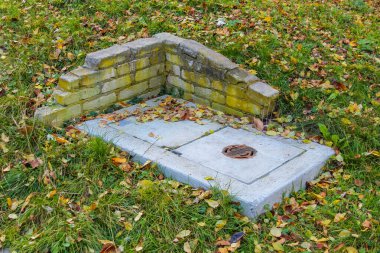 Tarihi Varşova mezarlığındaki sonbahar çimlerinin üzerinde yosun kaplı yıpranmış taş mezar taşı. Yüksek kalite fotoğraf.