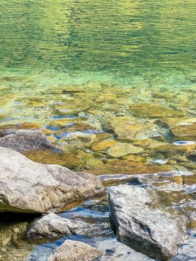 Zakopane Polonya yazı yakınlarındaki Tatra Alp Vadisi 'ndeki sığ sulardan akan beyaz kayalarla kristal berrak dağ deresi. Yüksek kalite fotoğraf.