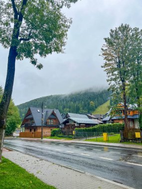 Geleneksel binaları olan puslu dağ yolu ve Zakopane Polonya 'nın kırsal kesiminde bulutlu gökyüzünün altında ıslak kaldırım. Yüksek kalite fotoğraf.