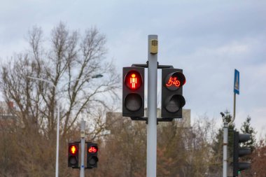 Varşova, Polonya, Ocak 01, 2025. Çıplak kış ağaçları ve bulutlu gökyüzü karşısında kırmızı ışık ve demiryolu kavşağı işareti olan şehir trafik ışığı. Yüksek kalite fotoğraf.