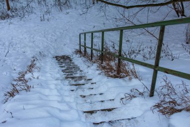 Varşova, Polonya, Ocak 01, 2025. Kar kaplı metal merdivenler ve yeşil korkuluklar şehir parkına iniyor. Yüksek kalite fotoğraf