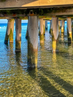 Varşova, Polonya, Mayıs 01, 2025. Varşova 'daki sığ sulara yansıyan bir köprünün beton ve ahşap sütunları. Yüksek kalite fotoğraf.