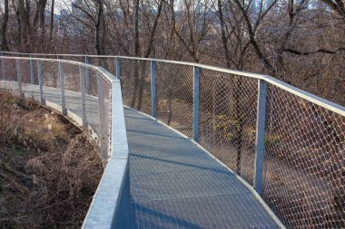 Varşova, Polonya, Mart 01, 2026. Kavisli bir metal yaya geçidi köprüsü kışın ağaçlarla kaplı bir orman bölgesinden geçer. Yüksek kalite fotoğraf.