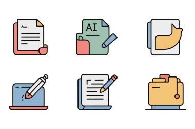 Yapay zeka günlük iş asistanı simgeleri seti, Yapay zeka belge düzenleme, Yapay zeka içerik düzenleme araçları, basit düz vektör simgeleri