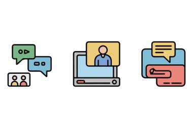 uzak çalışma iletişim araçları seti, çevrimiçi sohbet, video çağrısı, takım ileti platformu, asgari vektör simgeleri.