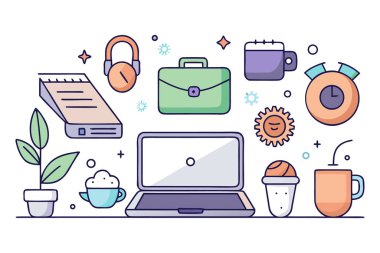 Uzak çalışma teknolojisi simgeleri seti, dizüstü bilgisayar çalışma alanı, kablosuz kulaklık, bulut işbirliği araçları, minimal düz vektör simgeleri