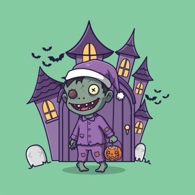 Pijamalı şirin zombi çocuk elinde balkabağı kovası taşıyıcısı kaprisli cadılar bayramı sahnesi.