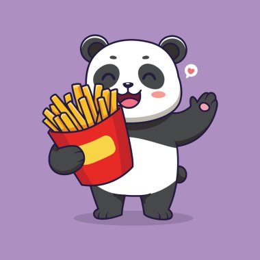 Sevimli Panda Çizgi Filmi Patates kızartması ve Tuhaf Fast Food Karakterinin Dalgalı Vektör Çizimi