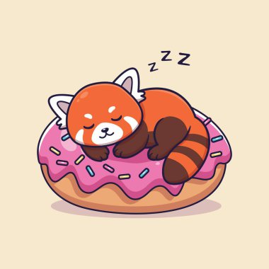 Tatlı Çizgi Film: Kırmızı Panda Donut 'ın Üzerinde Uyuyor Tuhaf Tatlı Şekerleme Sahnesi Çizimi