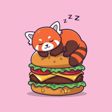 Tatlı Çizgi film Kırmızı Panda Hamburger Vektörü 'nün Tuhaf Yemek Şekerleme Sahnesi' nde Uyuyor