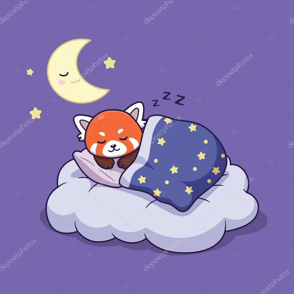 Cute Cartoon Red Panda Sleeping on Cloud with Blanket  Vector Illustration of Whimsical Bedtime Scene