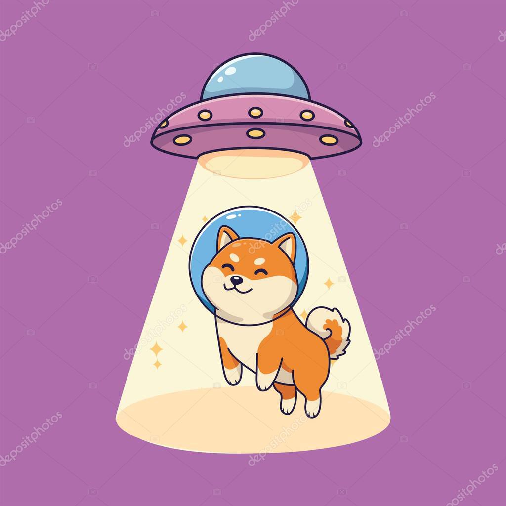 Cute Cartoon Shiba Inu Being Abducted by UFO  Vector Illustration of Whimsical Alien Encounter
