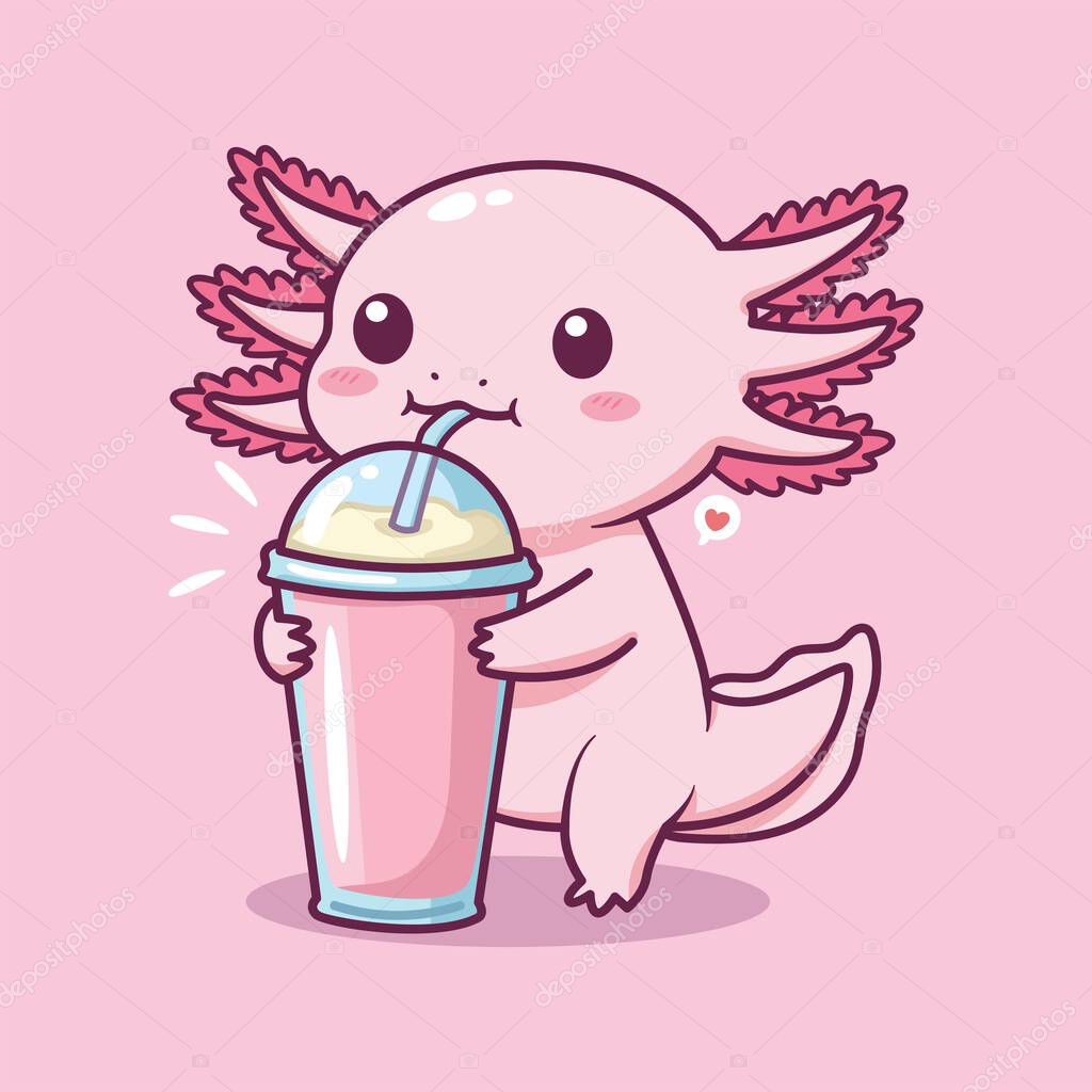 Cute Cartoon Axolotl Drinking from Big Cup  Vector Illustration of Whimsical Refreshing Moment