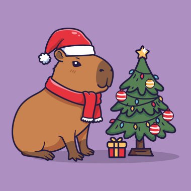 Noel Baba Şapkası ve Kırmızı Atkı Giyen Sevimli Capybara Süslü Noel Ağacı Festivali Karikatür Tarzı Vektör İllüzyonu