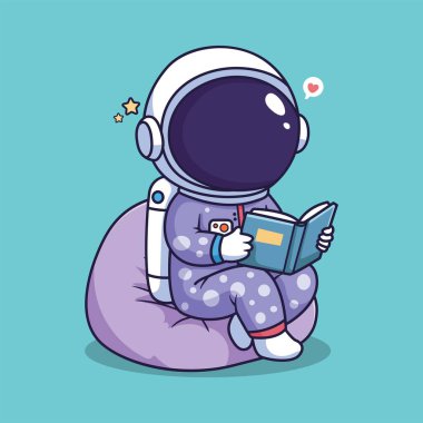 Şirin Astronot Vektör İllüstrasyonu Bir Fasulye Torbası Üzerinde Oturarak Kalp Baloncuğu ve Uzay Temalı Yıldızlarla Bir Kitap Okuyor