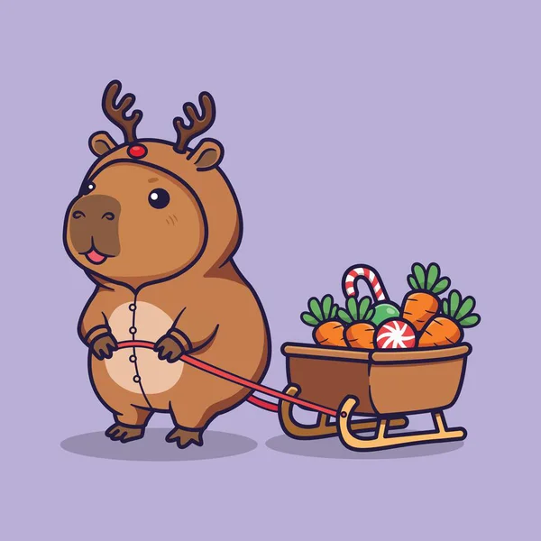 Ren Geyiği Kostümü İçinde Şirin Capybara Vektör Resimleri Havuç ve Noel Hediyeleriyle Dolu Kızak Çekiyor