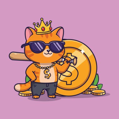 Sevimli Tekir Kedi Vektör İllüstrasyonu Taçlı ve Güneş Gözlüklü Altın Para Önünde Altın Çubuğu Tutuyor