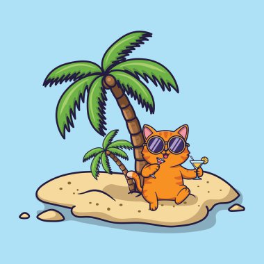 Şirin Kedi Vektörü İllüstrasyonu Tropikal Ada 'da Güneş gözlüklü kokteyller ve Mavi Arkaplanda Palmiye ağaçlarıyla rahatlıyor