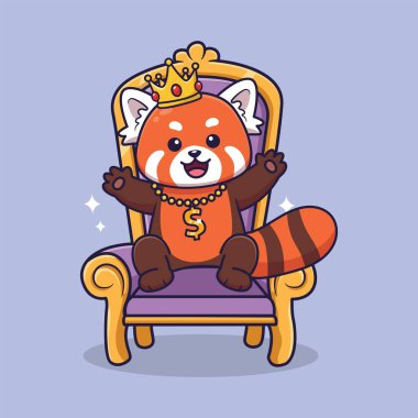 Taçlı ve Dolar Kolyeli Şirin Kırmızı Panda Vektör Resimleri Tahtta oturuyor Mor Arkaplanda Parıltılarla