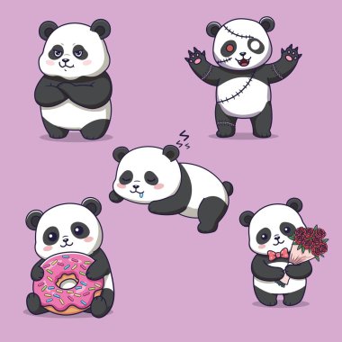 Donut, Güller ve Mor Arkaplanda Komik İfadelerle Oyuncak Pozlar İçinde Beş Tuhaf Pandanın Şirin Vektör İlülasyonu