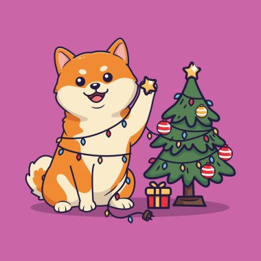 Işık ve Mor Arkaplan Yıldızı ile Noel Ağacı süsleyen Şen Shiba Inu 'nun Şirin Vektör İllüstrasyonuName