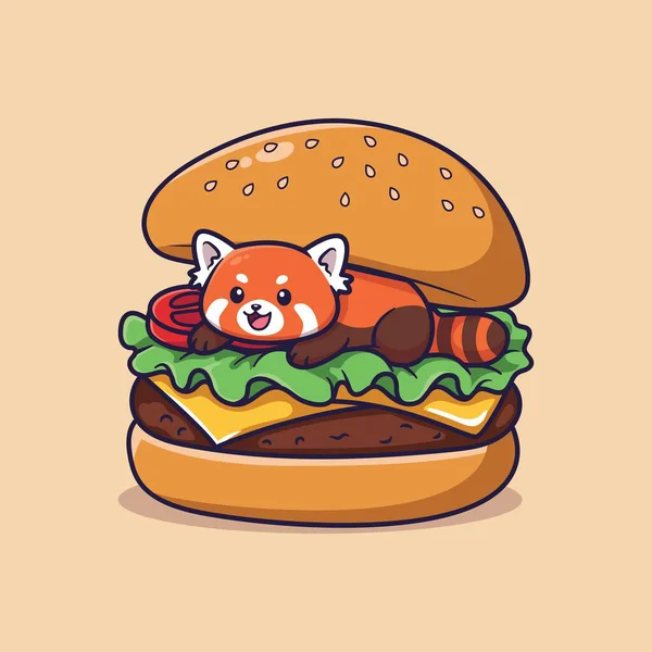 Peynirli, marullu ve domatesli sulu bir hamburgerin içine yerleştirilmiş Oyuncu Red Panda 'nın Şirin Vektör İllüzyonu