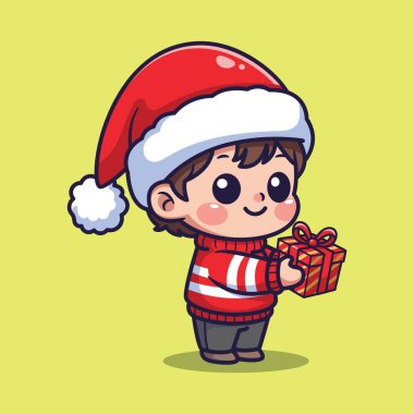 Noel Baba Şapkalı Bir Çocuğun Şirin Vektör İllüstrasyonu Açık Sarı Arkaplan Üzerine Hediye Kutusu
