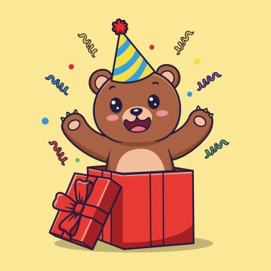 Sarı Arkaplanda Konfeti ile Kırmızı Hediye Kutusundan çıkan Parti Şapkalı Kahverengi Ayı 'nın Şirin Vektör İllüstrasyonu