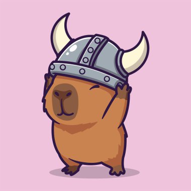 Şirin Çizgi Film Capybara Viking Miğfer Vektör Çizimi Giyiyor